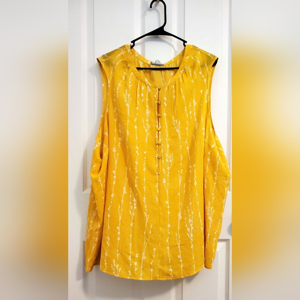 COPY - AVA & VIV White Floral Stripe Print Vibrant Yellow Sleeveless Top 2X